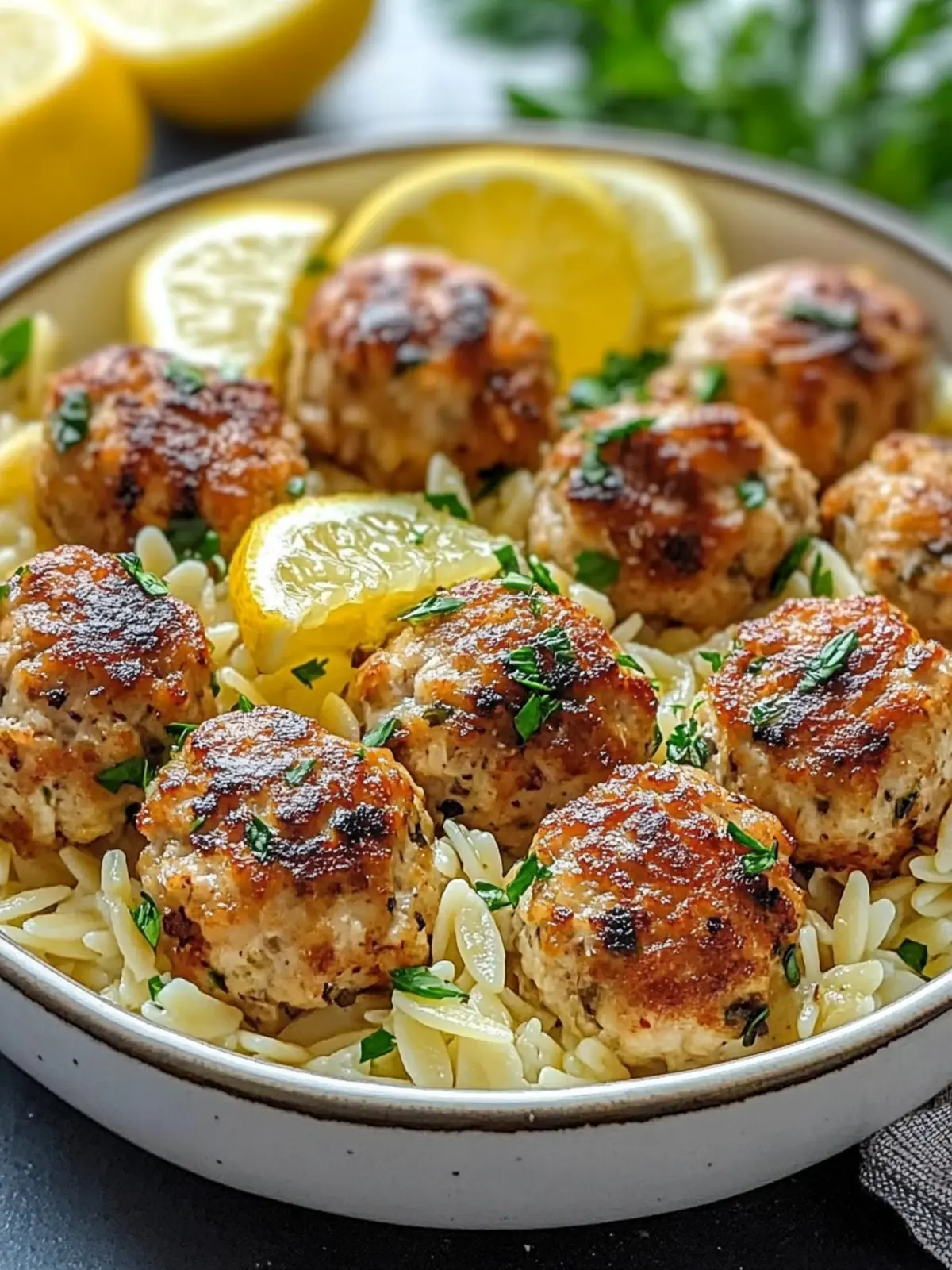 Greek Chicken Meatballs with Lemon Orzo