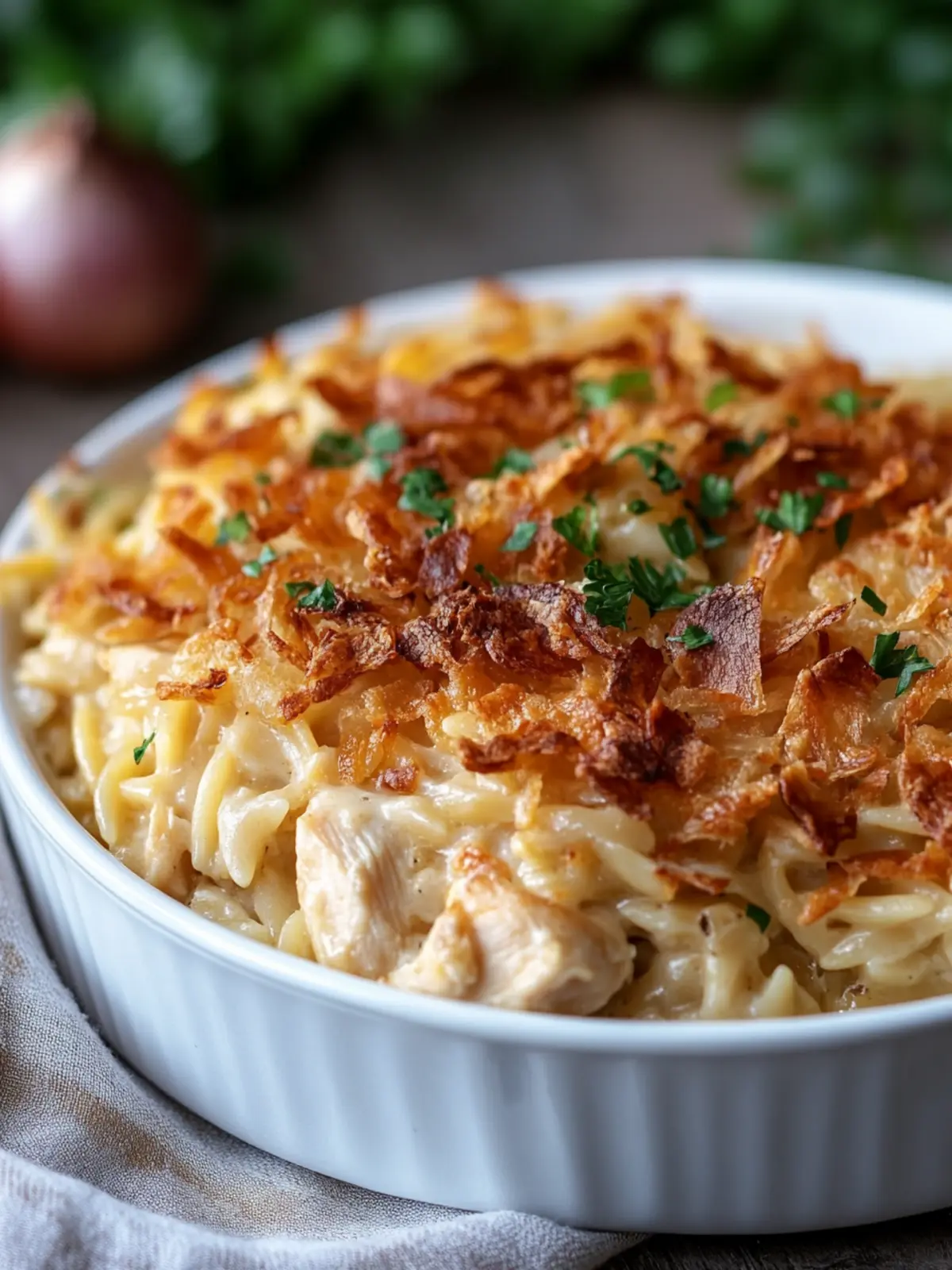 French Onion Chicken Orzo Casserole