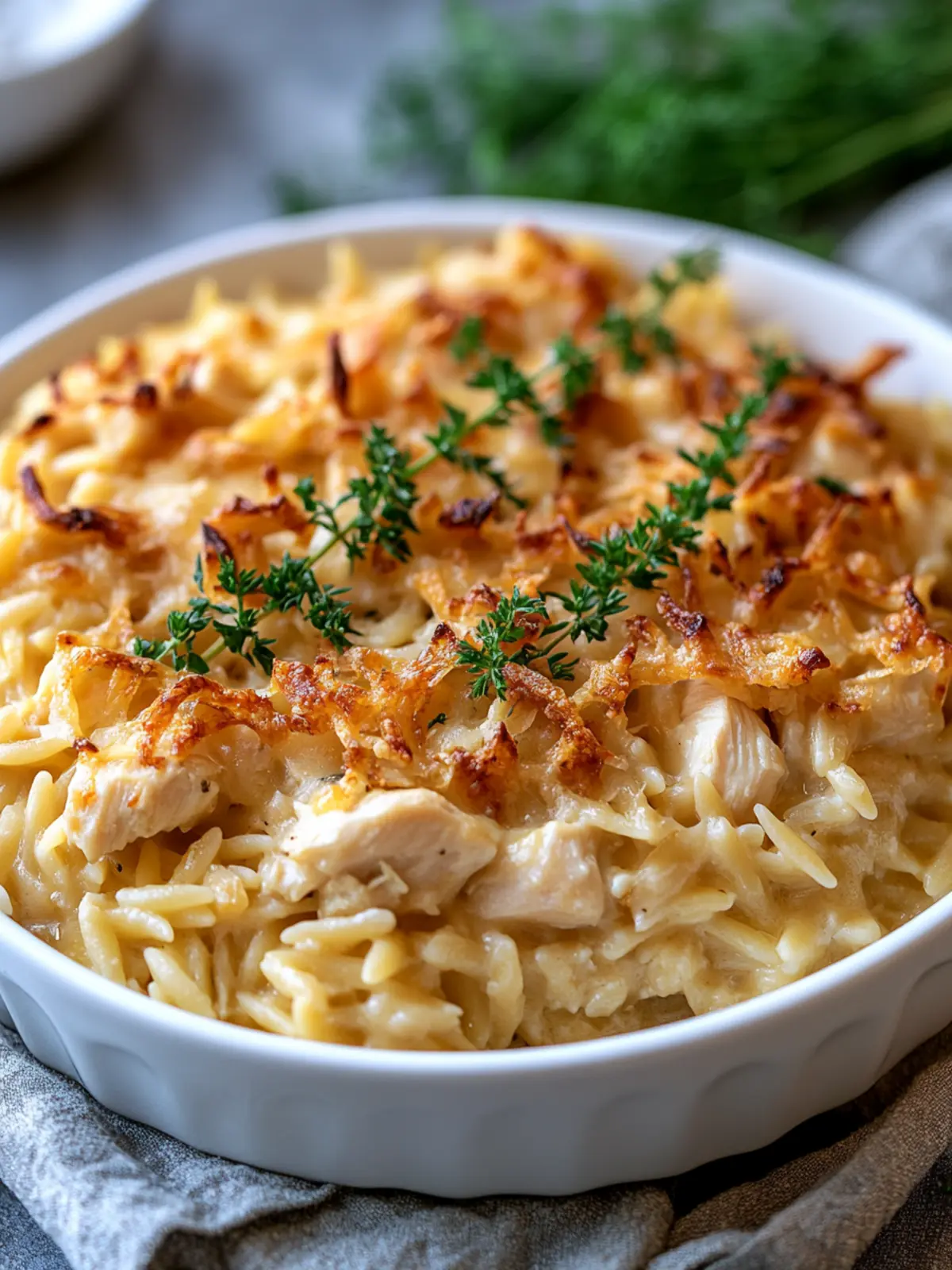 French Onion Chicken Orzo Casserole