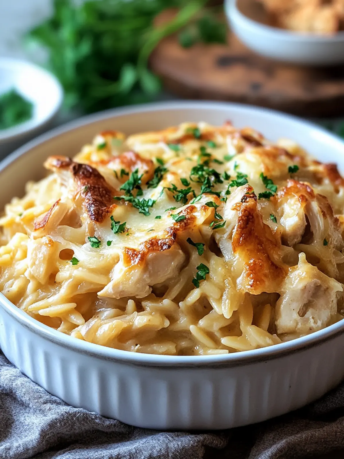 French Onion Chicken Orzo Casserole