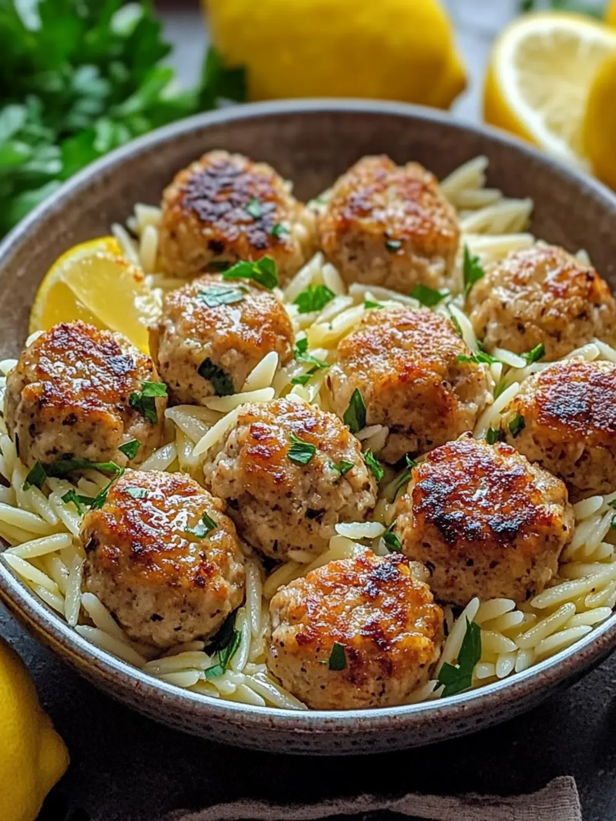 Greek Chicken Meatballs with Lemon Orzo