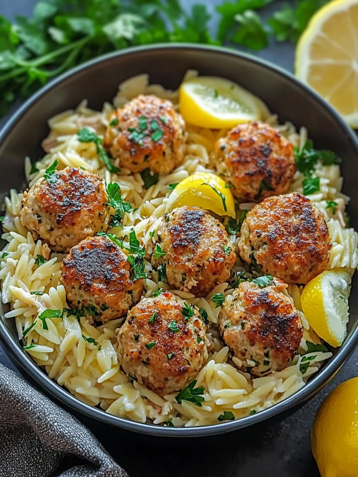 Greek Chicken Meatballs with Lemon Orzo