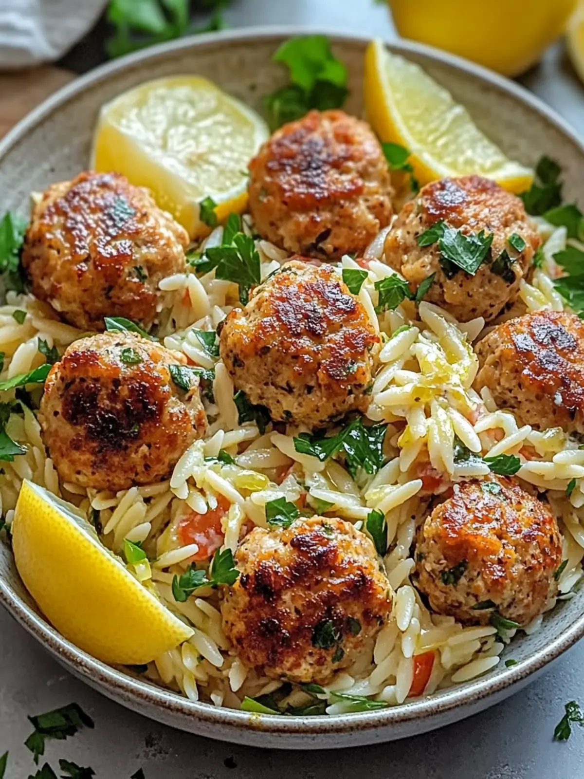 Greek Chicken Meatballs with Lemon Orzo