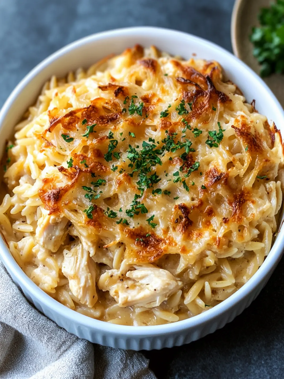 French Onion Chicken Orzo Casserole