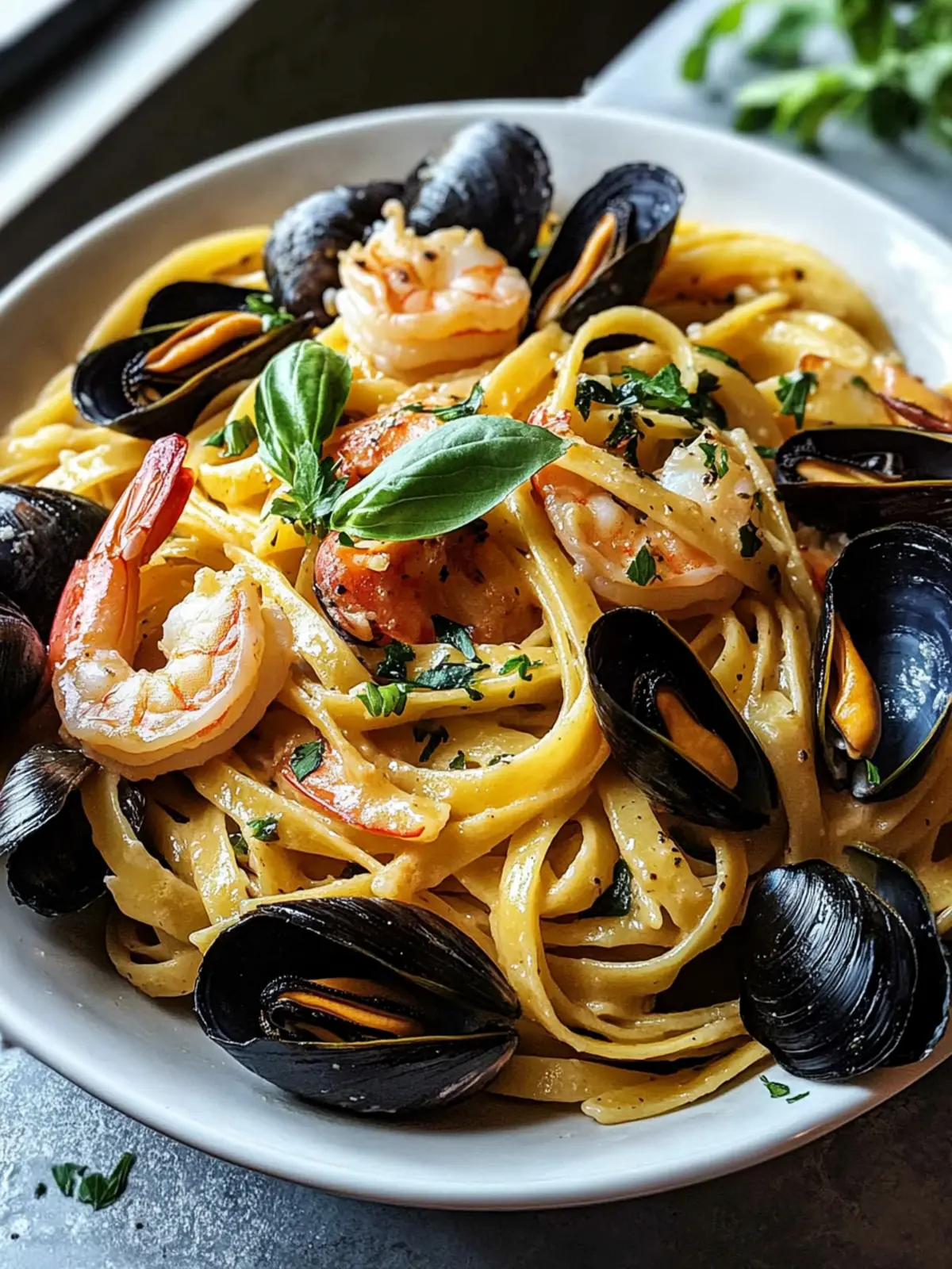 Seafood Pasta with Linguine, Shrimp, and Mussels