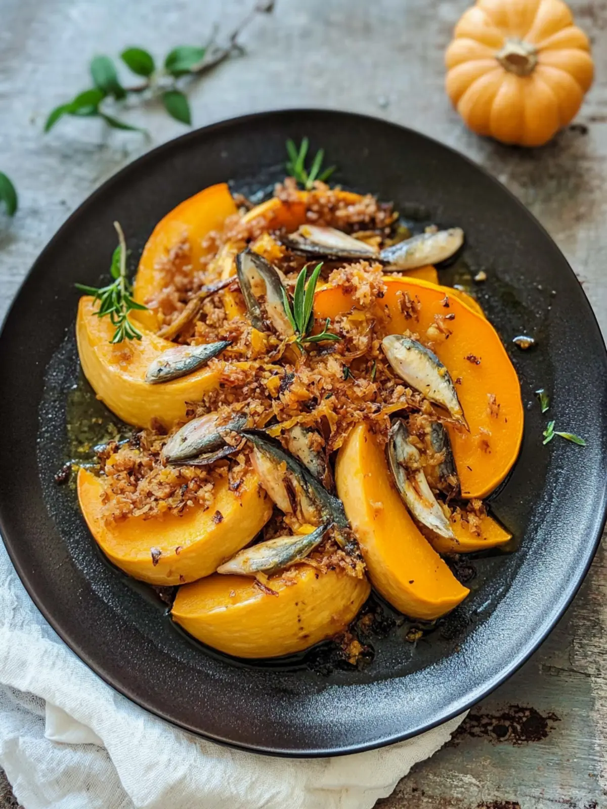 Sautéed Pumpkin with Crunchy Baby Anchovies