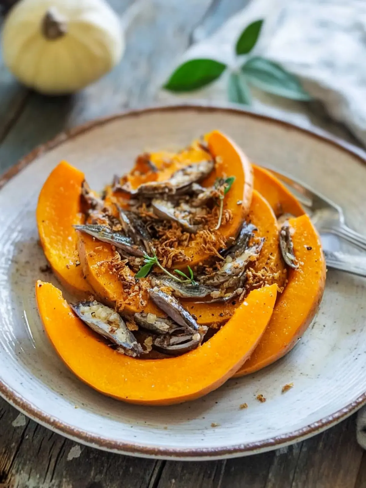 Sautéed Pumpkin with Crunchy Baby Anchovies