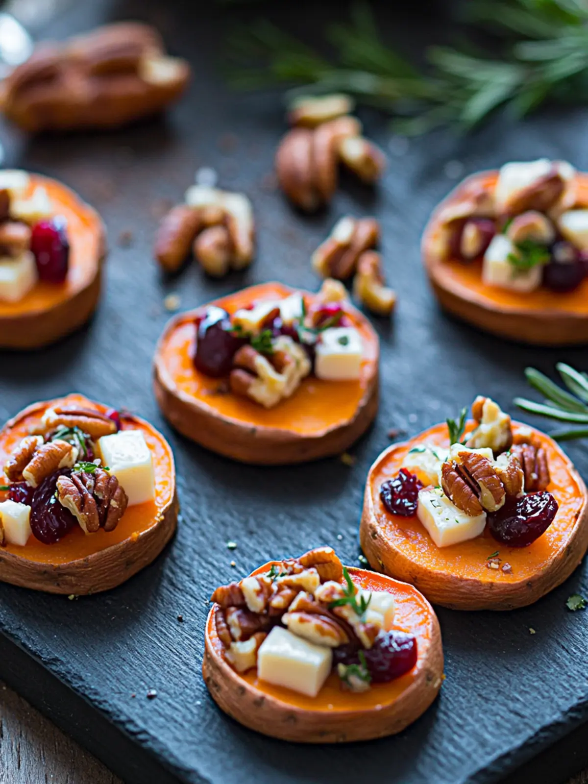 Sweet Potato Rounds with Brie, Cranberry & Pecans