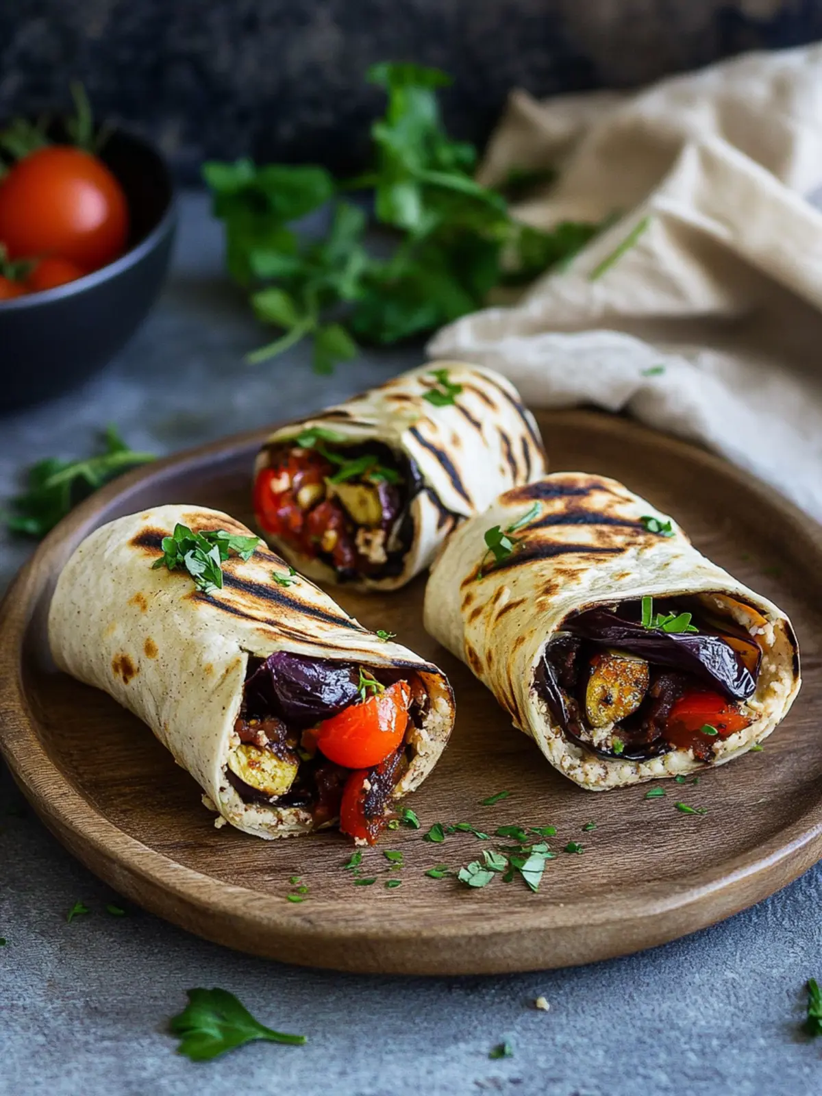 Eggplant hummus wraps with smoky tomato confit