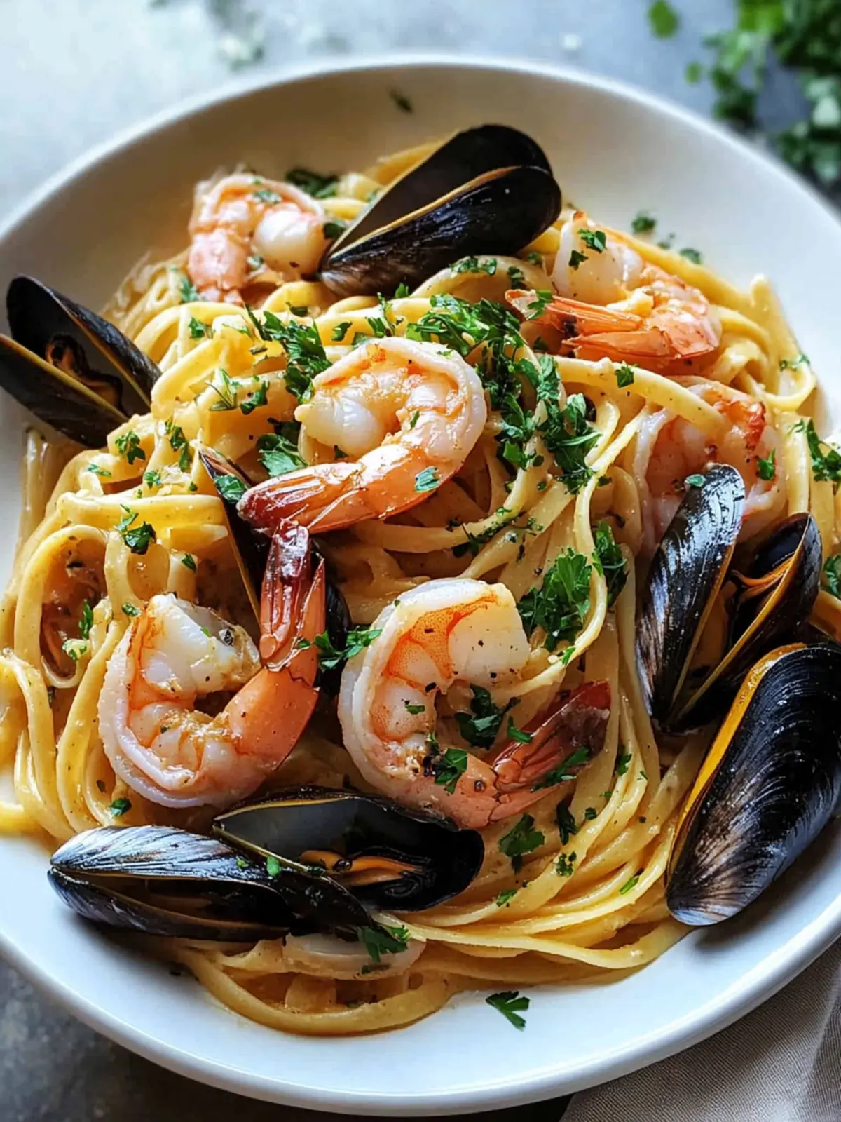 Seafood Pasta with Linguine, Shrimp, and Mussels