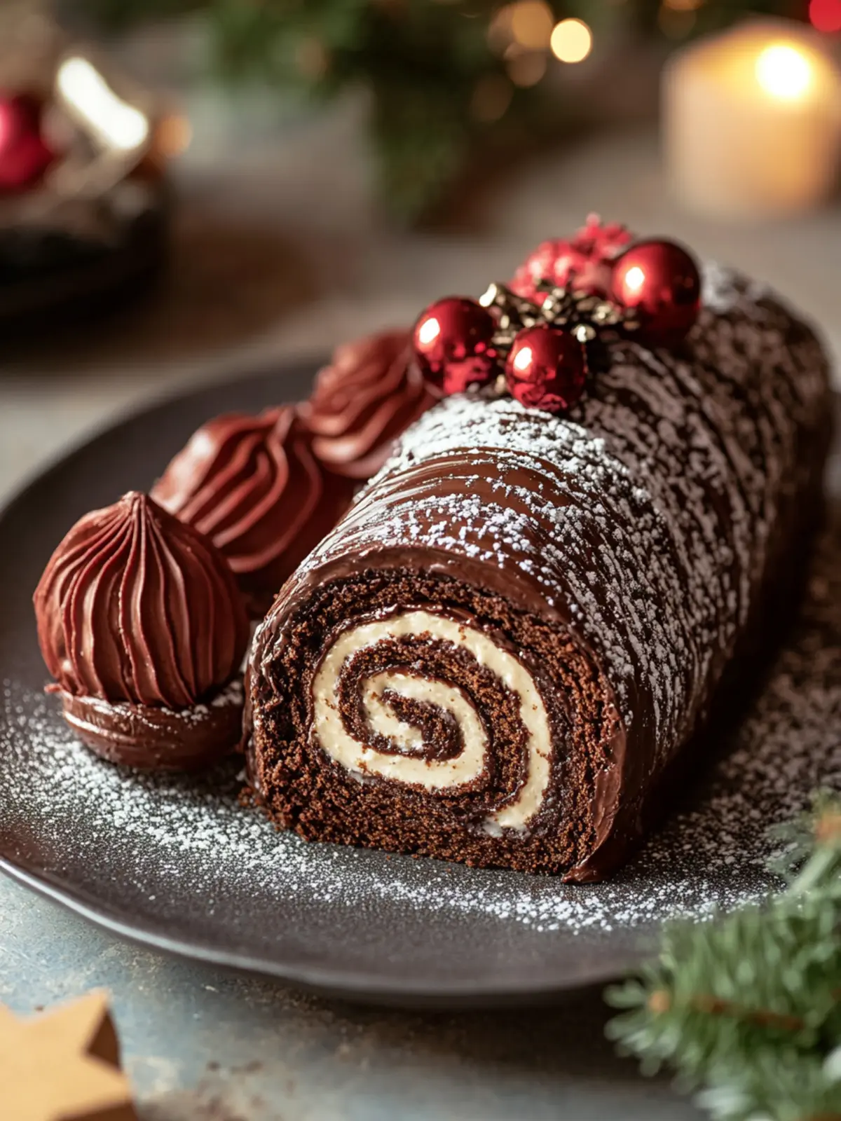 Chocolate Brownie Yule Log with Creamy Filling