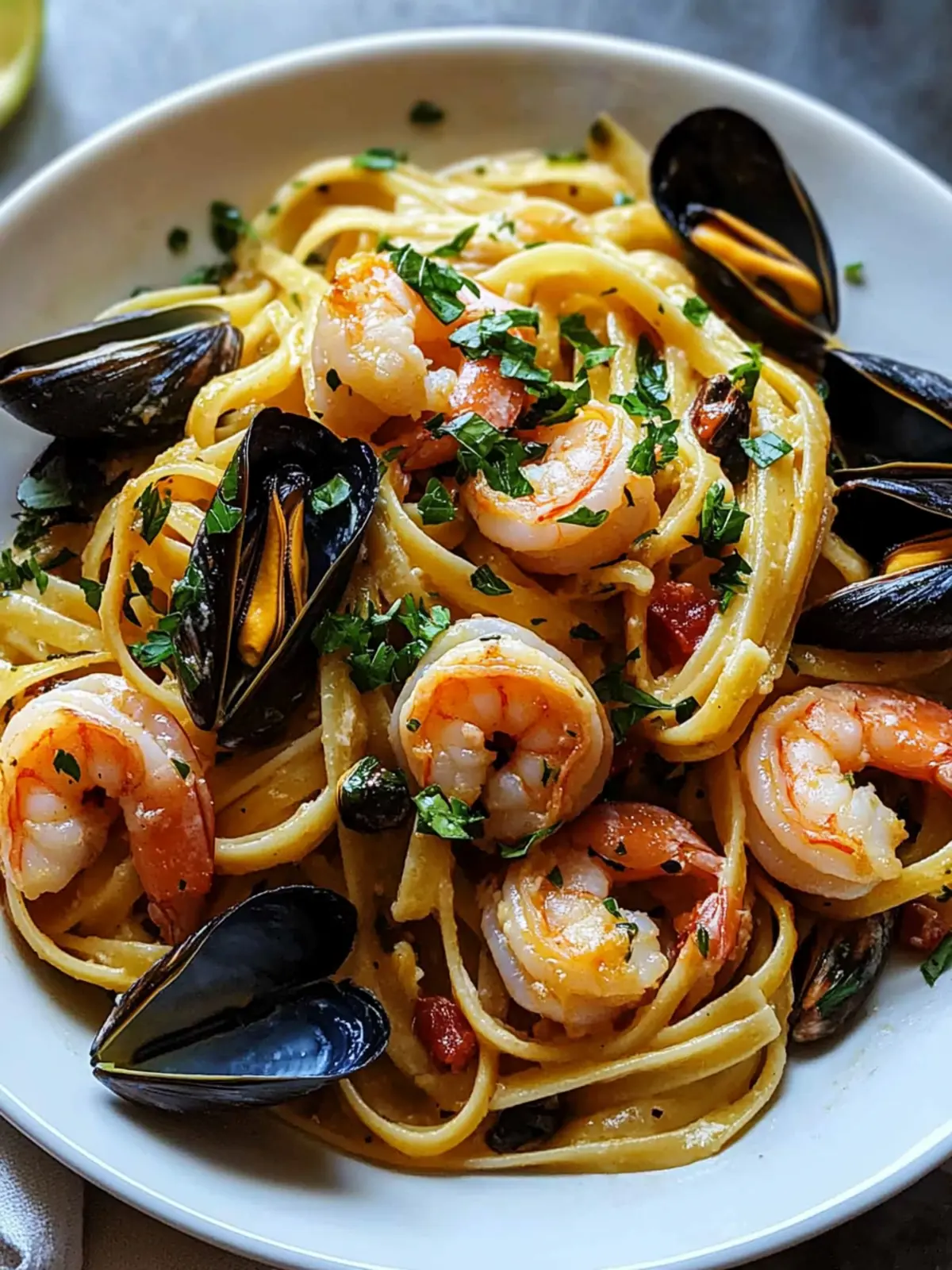 Seafood Pasta with Linguine, Shrimp, and Mussels