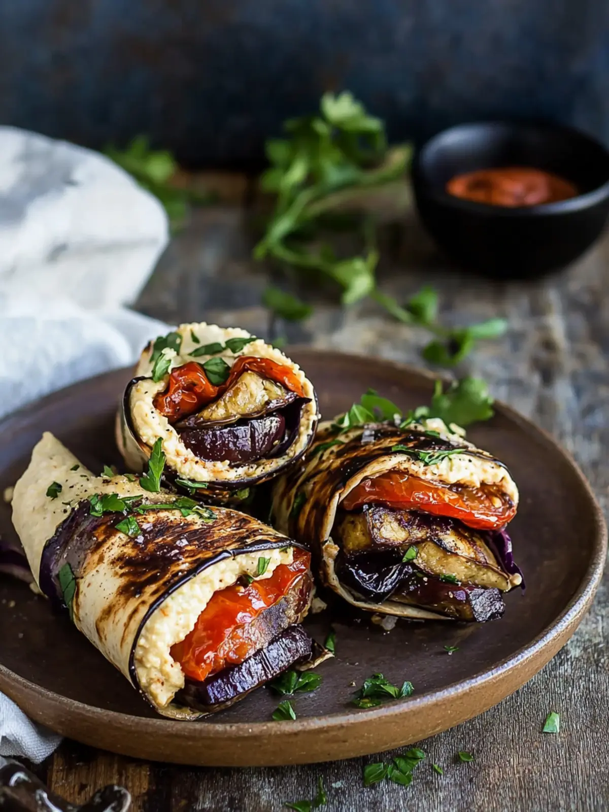 Eggplant hummus wraps with smoky tomato confit