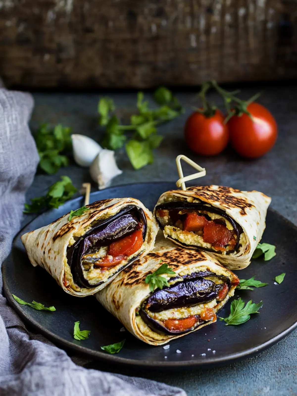 Eggplant hummus wraps with smoky tomato confit