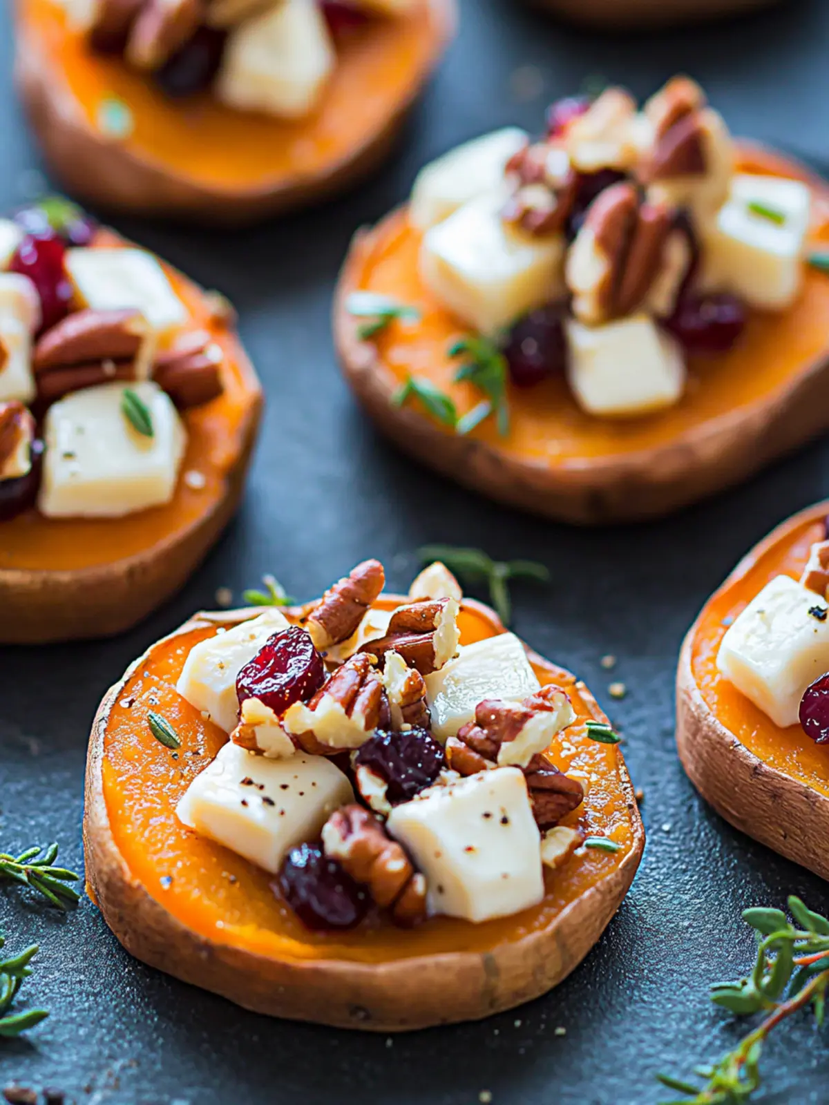 Sweet Potato Rounds with Brie, Cranberry & Pecans