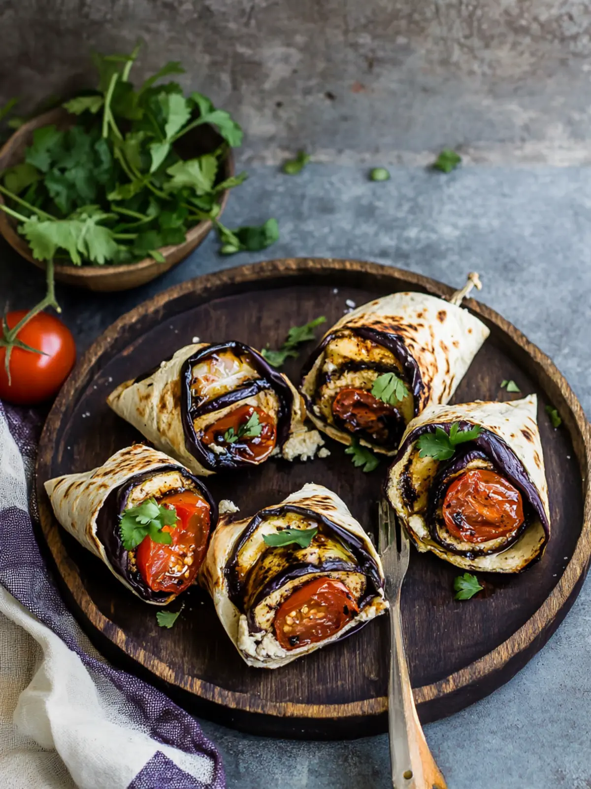 Eggplant hummus wraps with smoky tomato confit