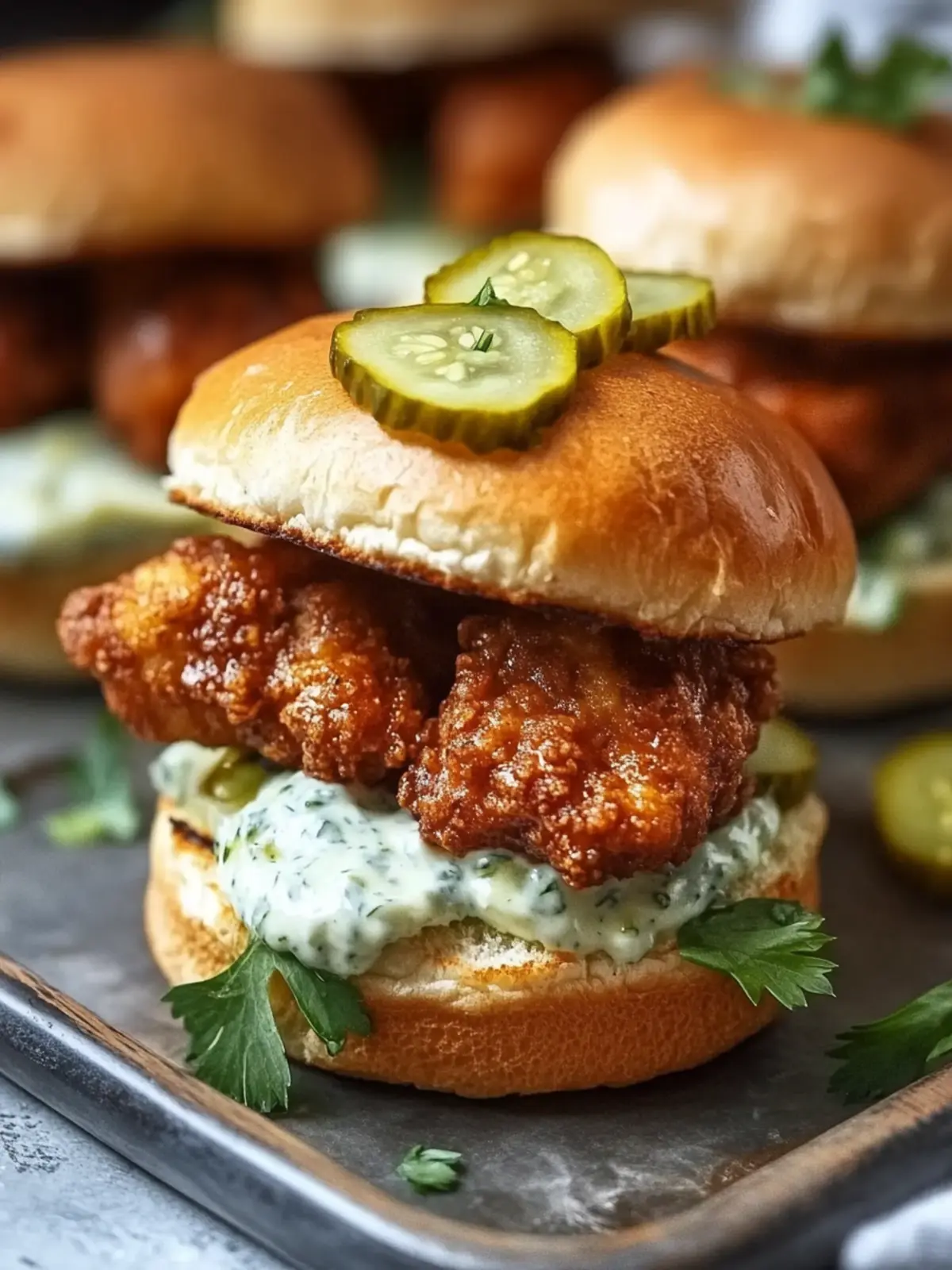 Hot Chicken Sliders with Dill Pickle Aioli