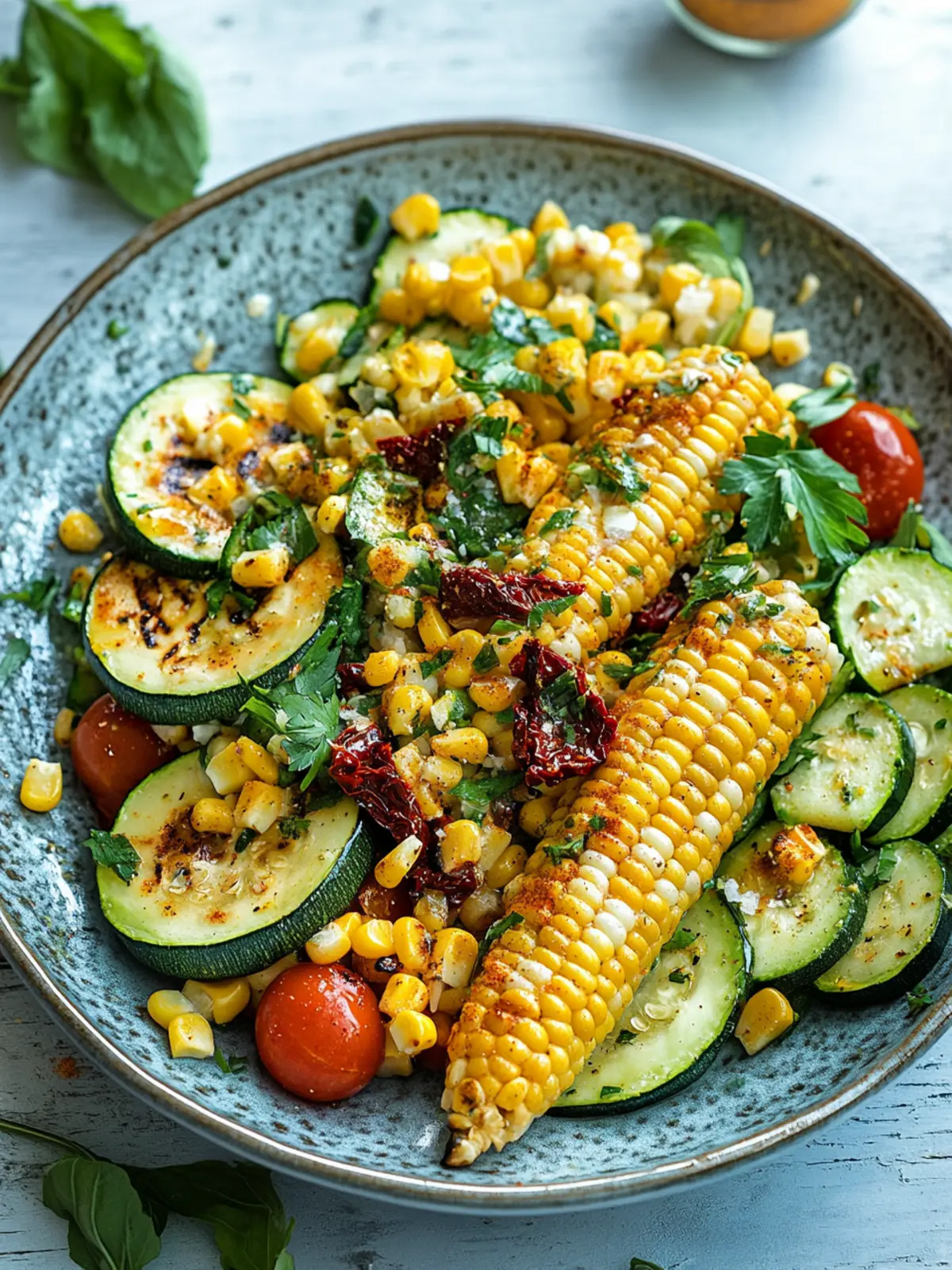 Grilled Corn & Zucchini Salad with Sun-Dried Tomato Vinaigrette