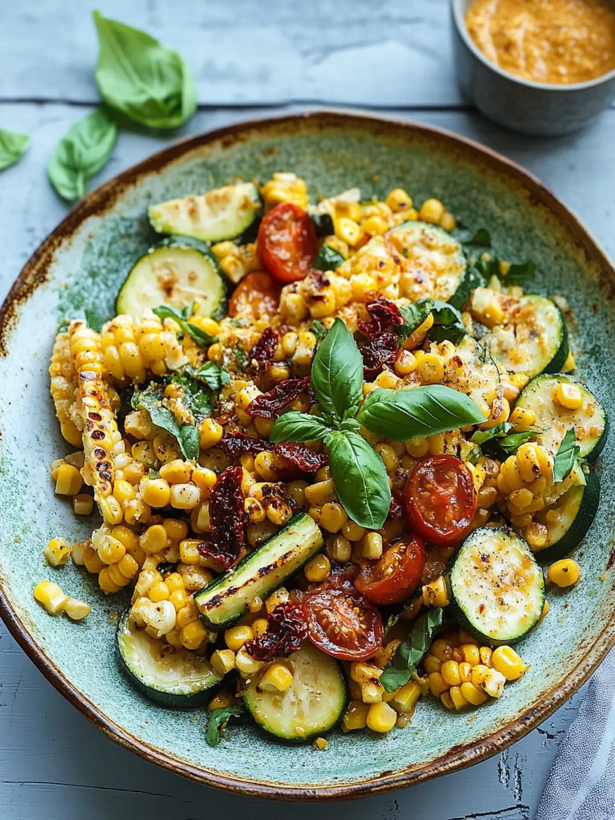 Grilled Corn & Zucchini Salad with Sun-Dried Tomato Vinaigrette