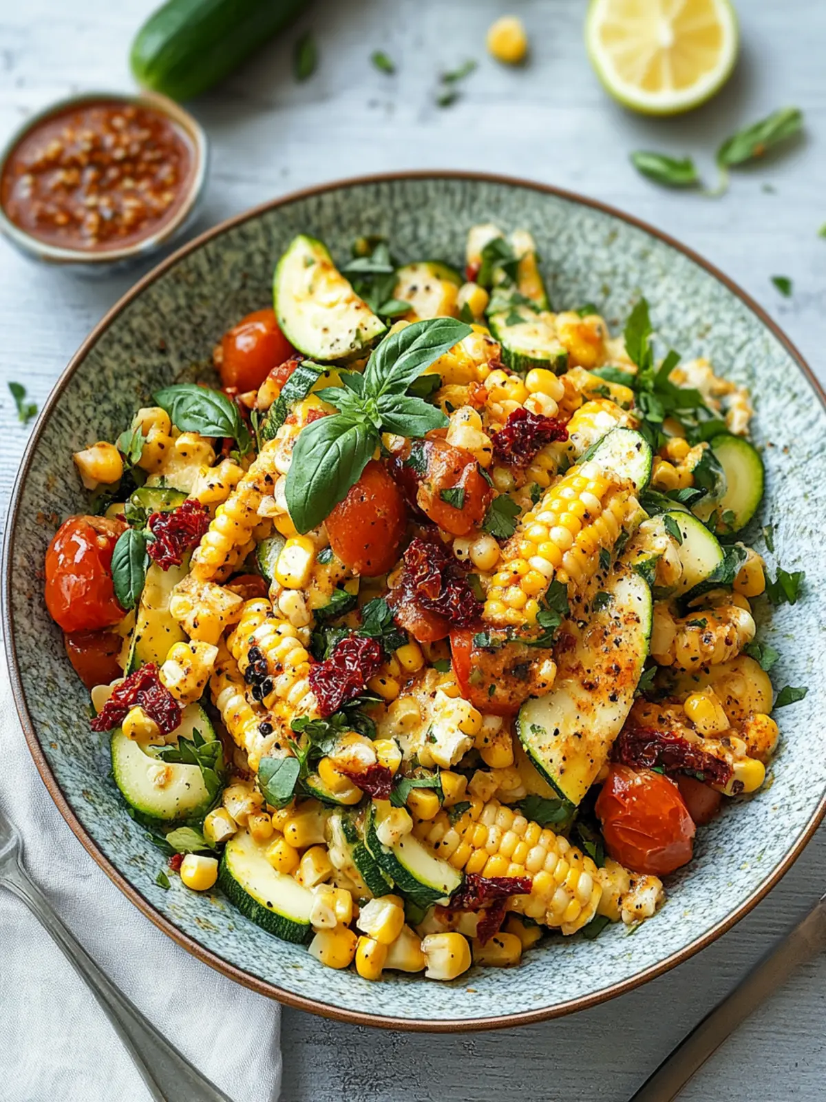 Grilled Corn & Zucchini Salad with Sun-Dried Tomato Vinaigrette