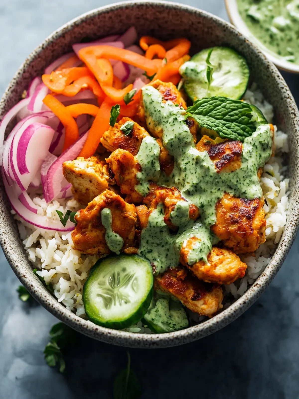 Crispy Chicken Tikka Bowls with Mint Sauce
