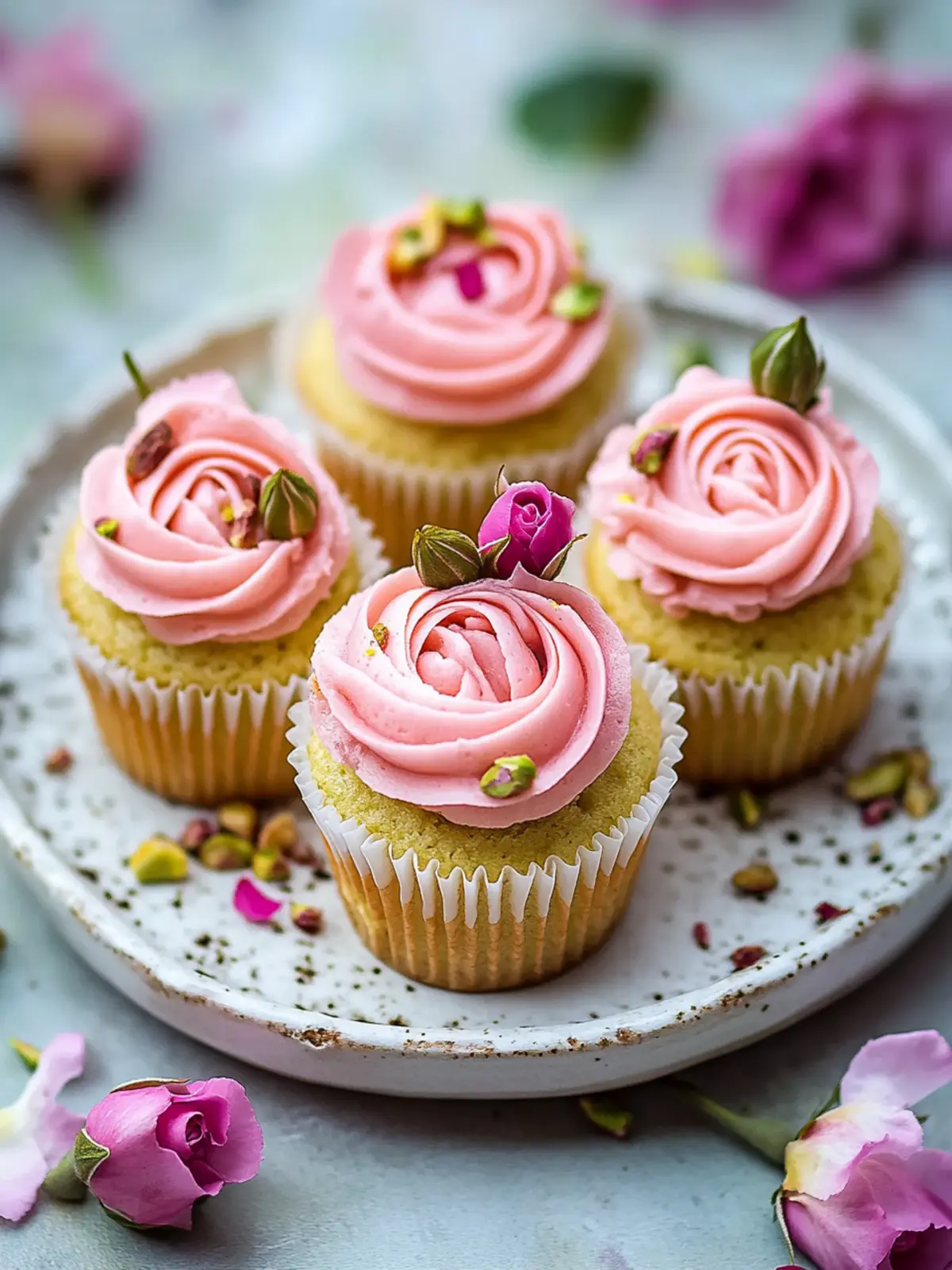 Vegan Mini Rose Pistachio Cupcakes